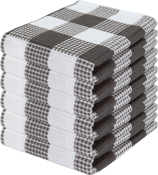 PurpleEssences 100% Cotton Waffle Weave Check Plaid Kitchen Towels, Super Soft and Absorbent Dish Towels for Drying Dishes 15 x 25-6 Pack - Fall Thanksgiving - Steel Grey and White