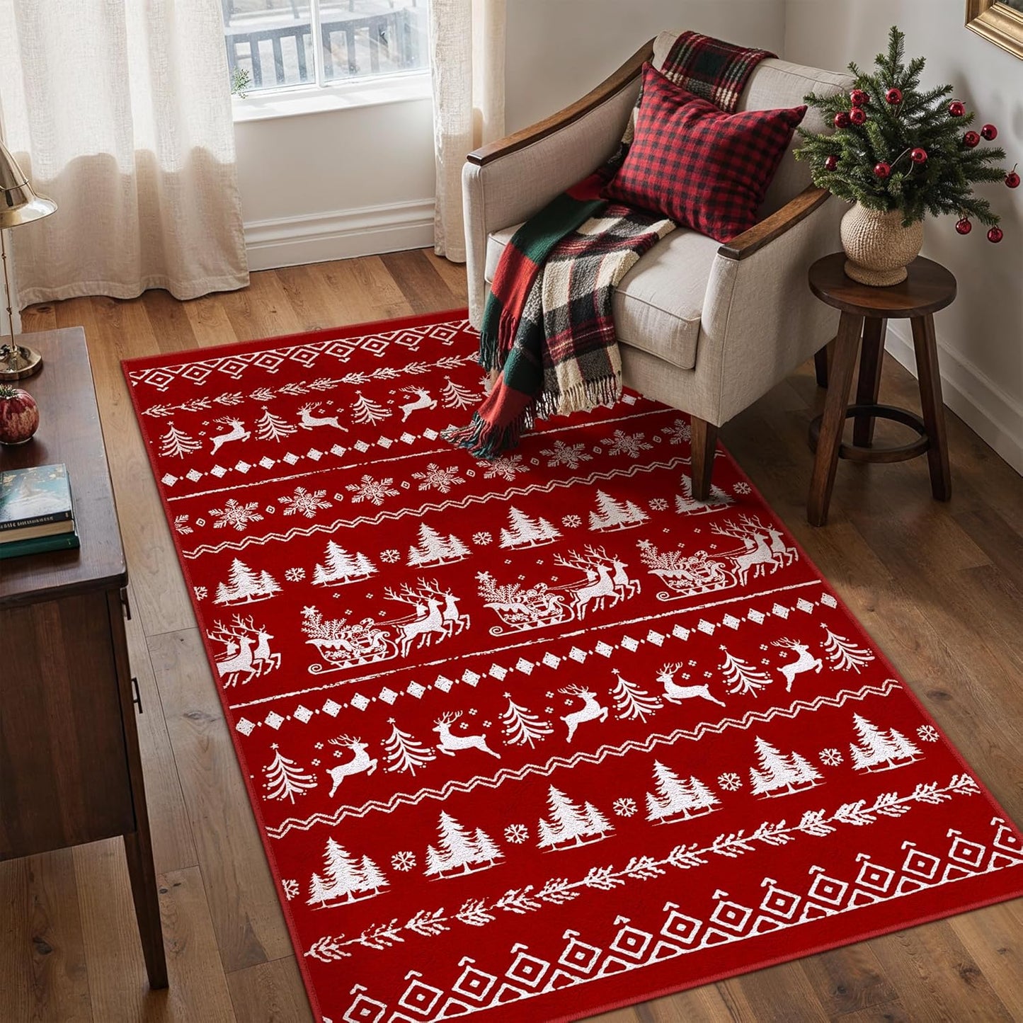 3x5 Christmas Area Rug Red Washable Office Carpet Xmas Elk Holiday Decor Entryway Non Slip Soft Low Pile Small Carpet Indoor Throw Snowflake Rug Kitchen Bedroom Entrance Living Dining Room
