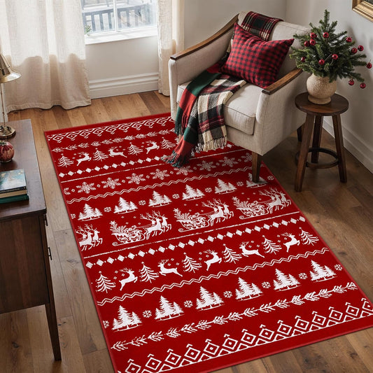 3x5 Christmas Area Rug Red Washable Office Carpet Xmas Elk Holiday Decor Entryway Non Slip Soft Low Pile Small Carpet Indoor Throw Snowflake Rug Kitchen Bedroom Entrance Living Dining Room