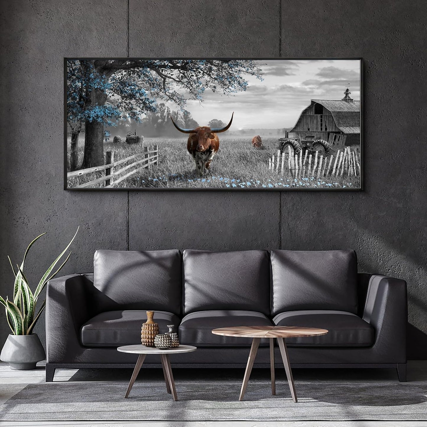 yiijeah Rustic Wall Art - Western Home Decor Cow Picture 86x39 Inches Extra Large Rustic Longhorn Living Room Bedroom Canvas Framed Artwork Farmhouse Wall Decor