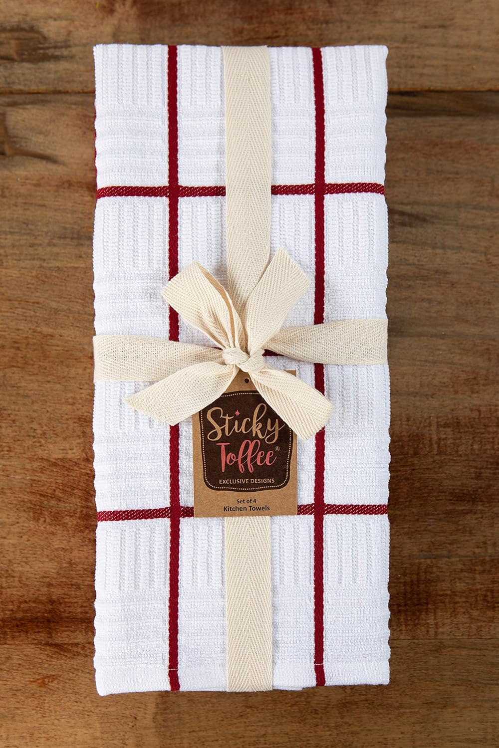 Sticky Toffee Cotton Kitchen Towels Set of 4, Red and White, 28 x 16 in, Absorbent Reusable Hand and Dish Towels, Tea Towels, Oeko-Tex Cotton