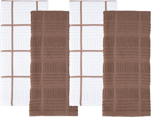 Sticky Toffee Cotton Kitchen Towels Set of 4, Brown and White, 28 x 16 in, Absorbent Reusable Hand and Dish Towels, Tea Towels, Oeko-Tex Cotton