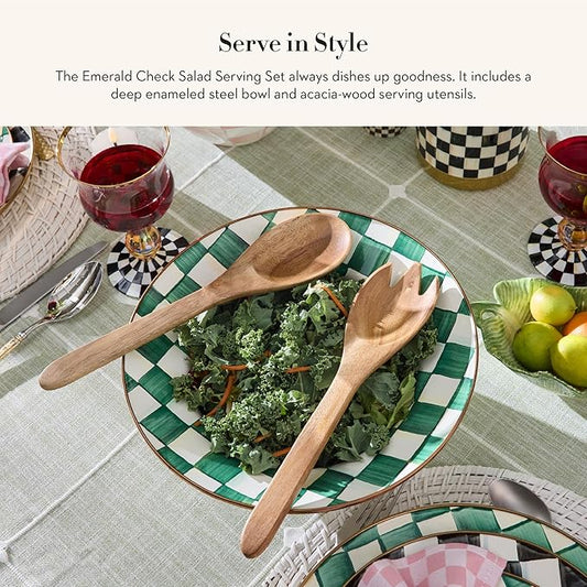 MACKENZIE-CHILDS Enamel Salad Serving Set, Enamel Bowl and Wooden Salad Servers, Decorative Kitchen Set, Green-and-White Emerald Check