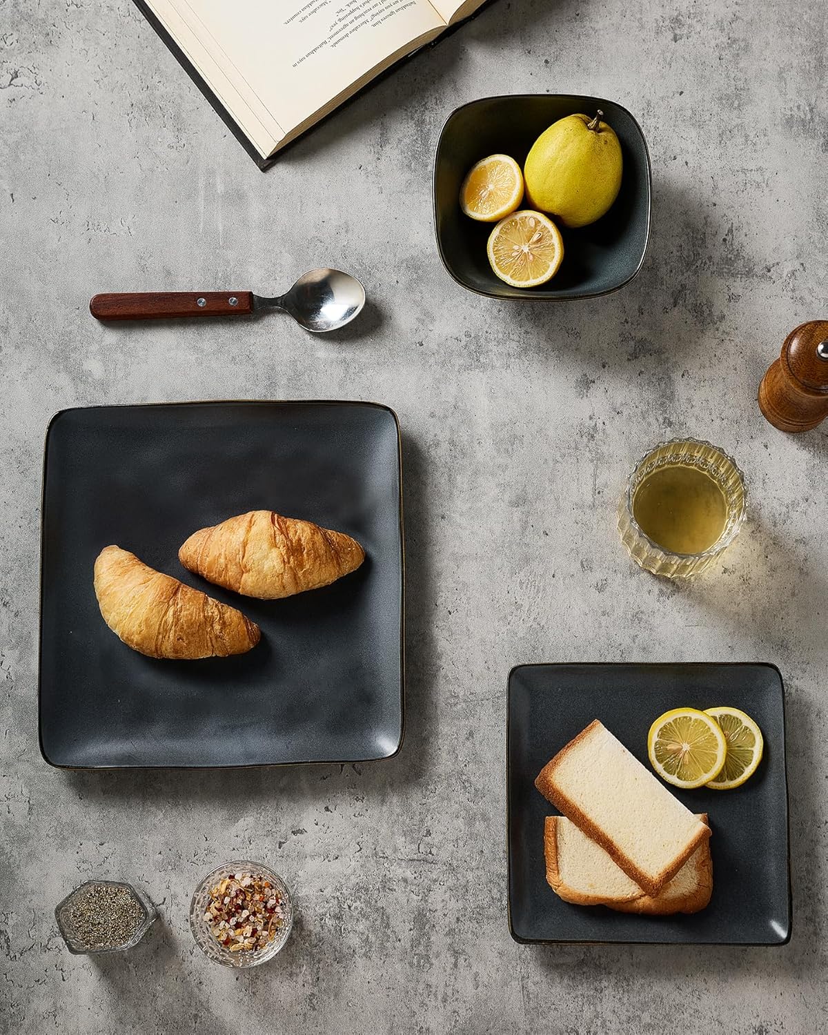 Famiware Dinnerware Sets for 4, Ocean Square 12-Piece Kitchen Plates and Bowls Sets, Microwave and Dishwasher Safe, Scratch Resistant, Matte Black