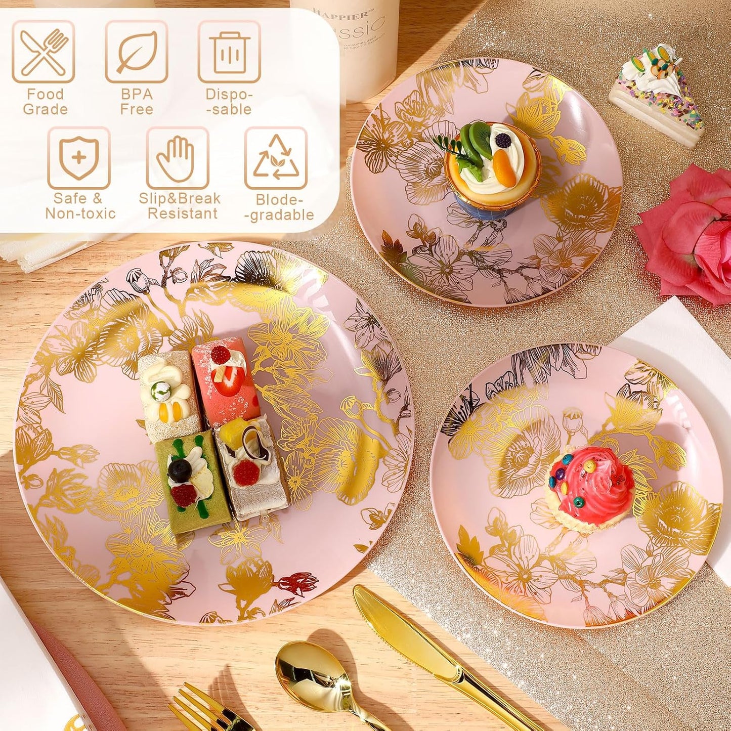 Tioncy 350 Pcs Gold Floral Plastic Dinnerware for 50 Guests Disposable Dinnerware Set Include Plates, Forks, Knives, Spoons, Cups, Napkins for Christmas Party Wedding Baby Shower(Pink Base Color)