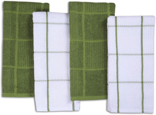 AMOUR INFINI Kitchen Towels Pack of 4 Absorbent, Quick Drying Premium Terry Cotton Dish Towel with Hanging Loop 16x28 Inch Hand & Tea Towels (Green)