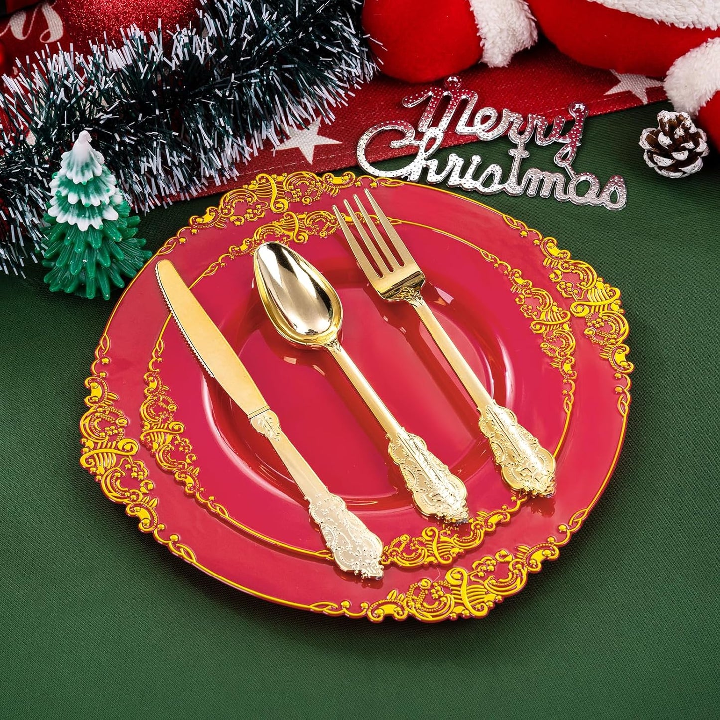 102PCS Red and Gold Plastic Plates - Red Plates Disposable - Vintage Plastic Plate with Gold Rim Include 51PCS Dessert & 51PCS Dinner Plate Perfect for & Weddings & Christmas Parties