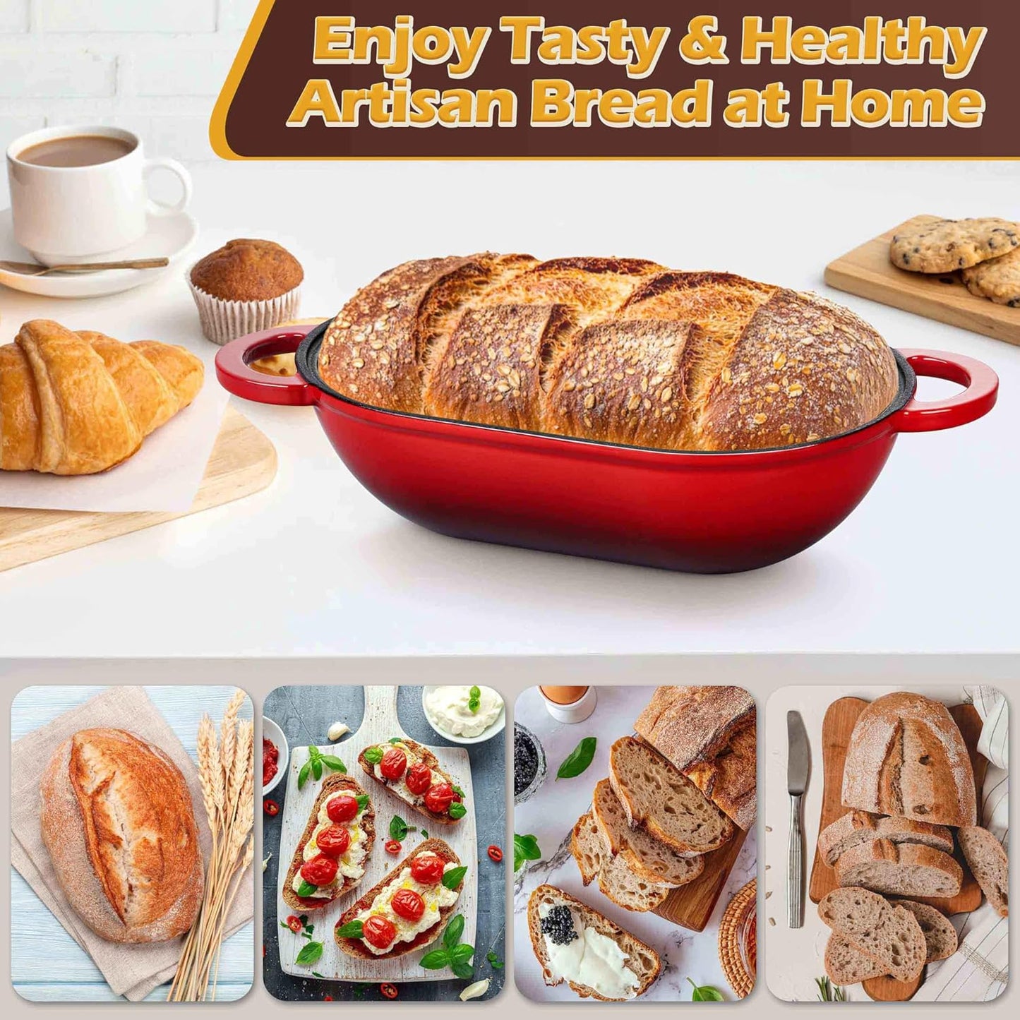 Homikit Enameled Cast Iron Dutch Oven for Bread Baking, 2.8 QT Oval Bread Oven Pot with Lid, Sourdough Loaf Iron Dutch Oven Pan for Roasting Cooking, Red & Heavy Duty