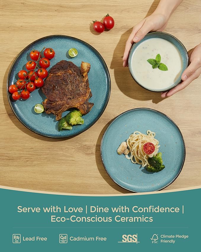 24 Piece Stoneware Dinnerware Set for 8, Reactive Glaze Plates and Bowls Sets | Designed for Holiday Dinners, Thanksgiving, Party Hosting | Durable Irregular Coastal Design, Green Black