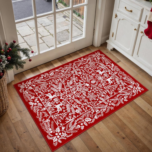 Christmas Area Rug 2x3 Entryway Rug Machine Washable Carpet Red Xmas Deer Indoor Front Snowflake Doormat Non-Slip Soft Low Pile Entryway Carpet for Bedroom Kitchen Entrance Bathroom