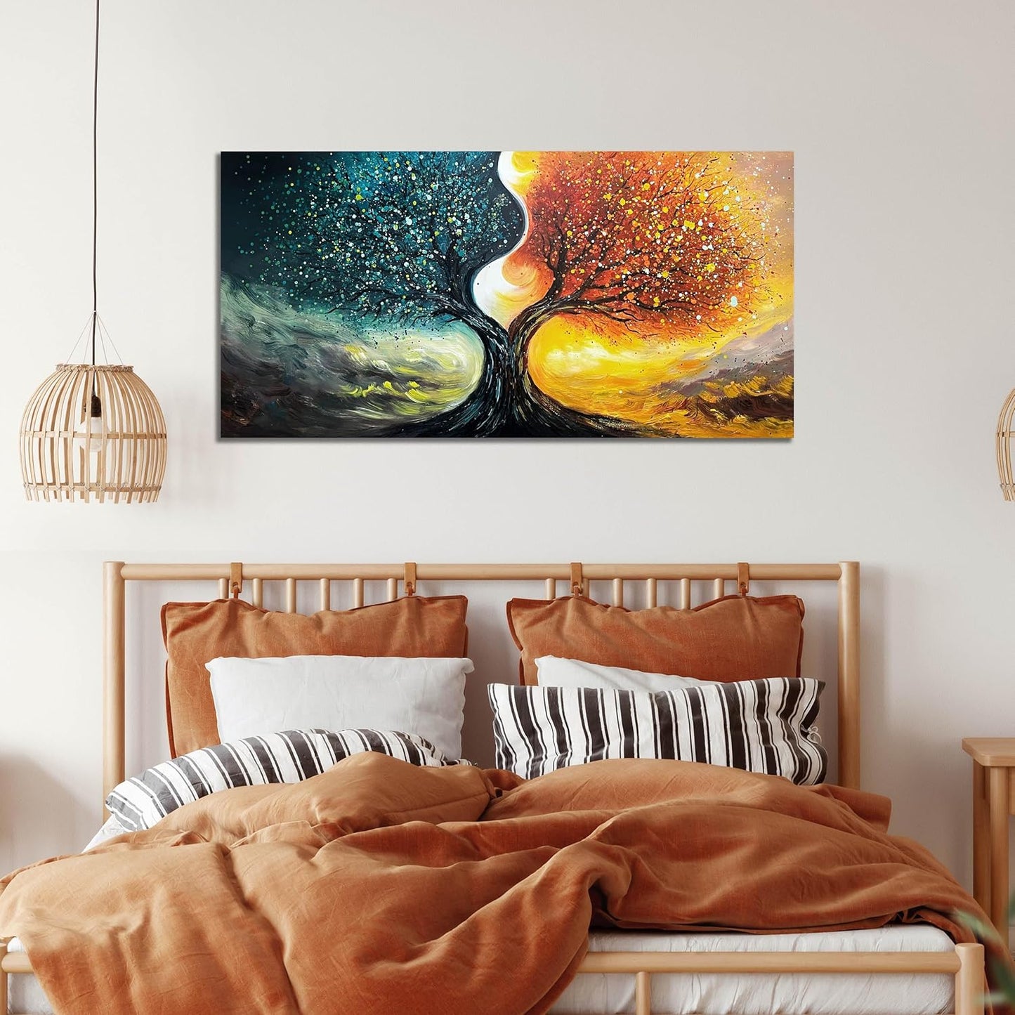 Tree Pictures Wall Decor for Living Room - Abstract Hand Painted Wall Art for Office - Teal and Gold Wall Art for Bedroom Size 20" x 40"