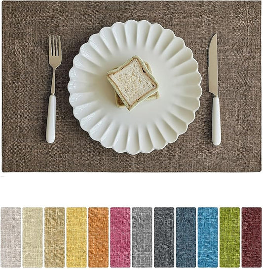 Softalker Faux Linen Placemats Set of 4-12 x 18 Inch, Heat Resistant Double Layered Durable Burlap Farmhouse Place Mats, Non-Slip Washable Rustic Table Mats for Dining, Kitchen, Party（Brown