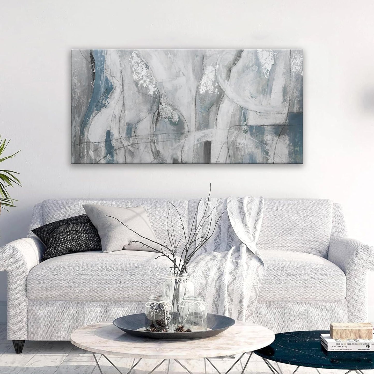 YISXINOAG Abstract Wall Art Ready To Hang White Wall Art Modern Fantasy Paintings Blue White Abstract Wall Decor Prints Canvas Art Wall Decor Painting For Bedroom Office Decoration 20" X 40"