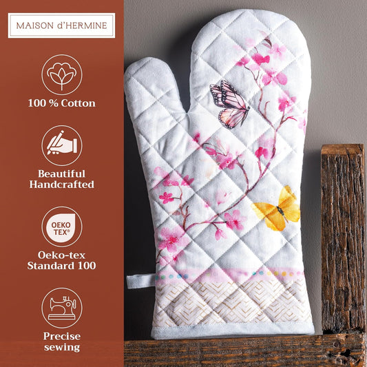 Maison d' Hermine Oven Gloves 100% Cotton Oven Mitt 7" x 13" with Loop Heat Resistant, BBQ, Cooking Gloves, Baking, Grilling, Kitchen, Handling Hot Pans Spring/Summer (Pack of 1, Blossoms in Spring)