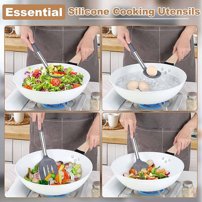 LIANYU Silicone Cooking Utensil Set, 6Pcs Heat Resistant Kitchen Utensils Set, Non-stick Stainless Steel Handle Spatula Tools, Dishwasher Safe, Grey