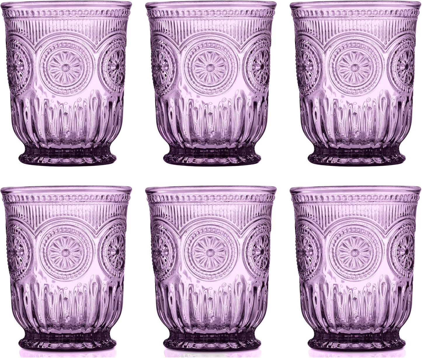 Yungala Purple Glassware, set of 6 purple drinking glasses small textured colored vintage glass cups 8 oz purple water glasses