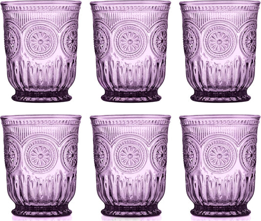 Yungala Purple Glassware, set of 6 purple drinking glasses small textured colored vintage glass cups 8 oz purple water glasses