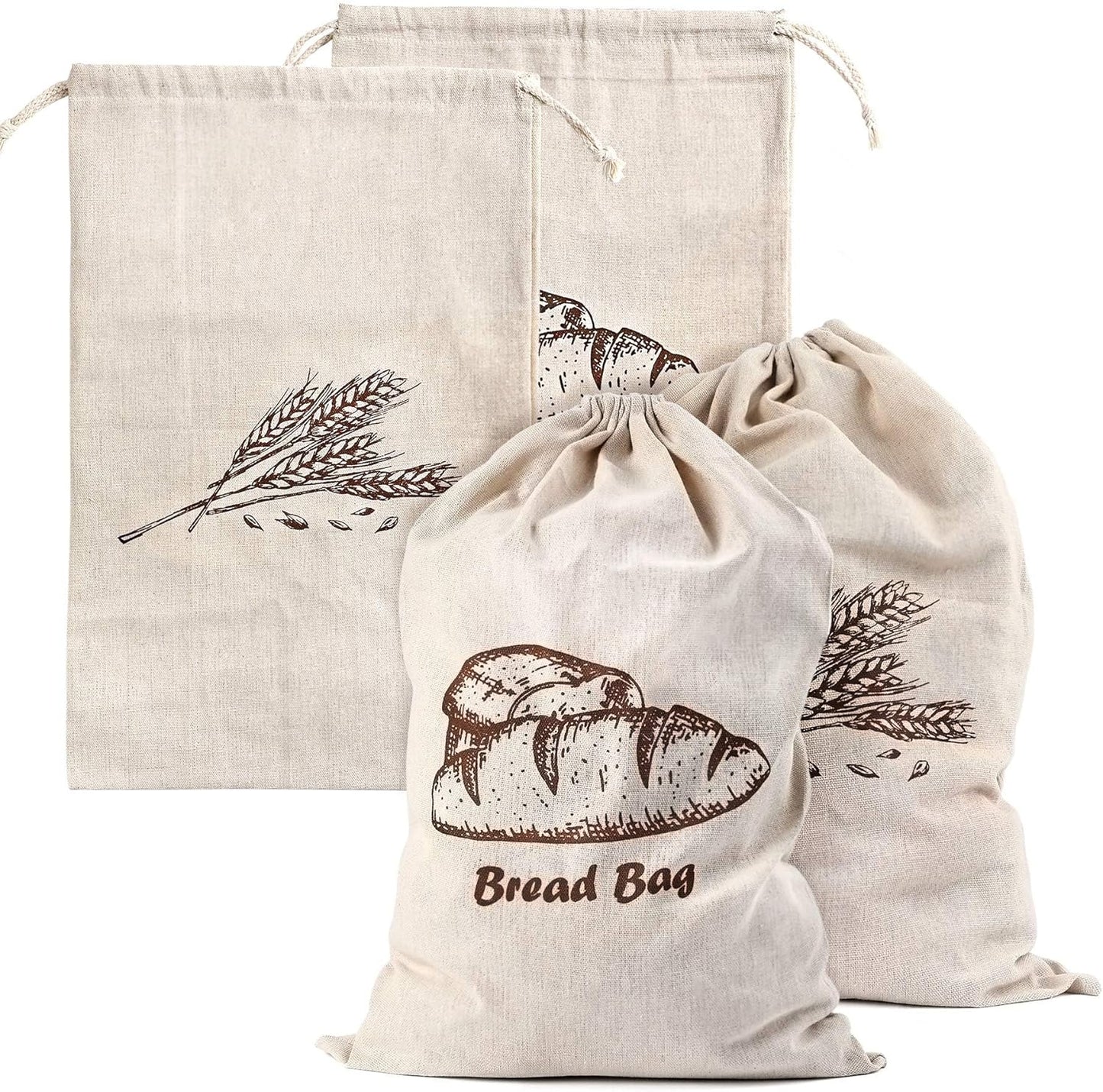 Bread Bags, 4-Packs Linen Bun Bags for Homemade Container, 17.3×11.6 Inches Unbleached&Reusable Loaf&Baguette Storage,Natural Large Storage for Artisan Roll,With 4 pieces Bread Clips