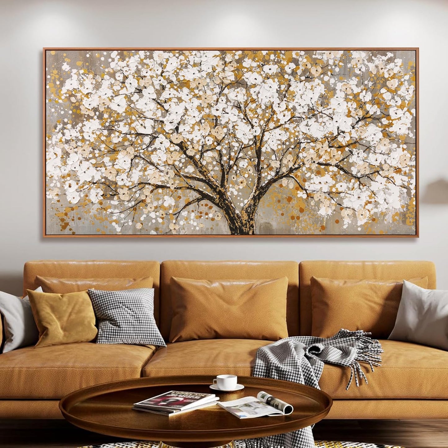 Large Wall Art Print Gold Abstract Tree Of Life Framed Modern Artwork Canvas Painting Gold Tree Pictures Home Decor Ready To Hang For Bedroom Living Room 29" X 58"