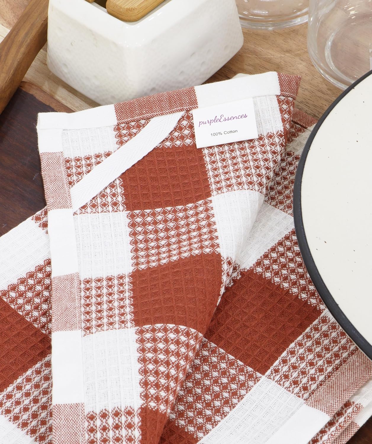 PurpleEssences Rust 100% Cotton Waffle Weave Check Plaid Kitchen Towels, Super Soft and Absorbent Dish Towels for Drying Dishes 15 x 25-4 Pack - Fall Thanksgiving - Rust and White