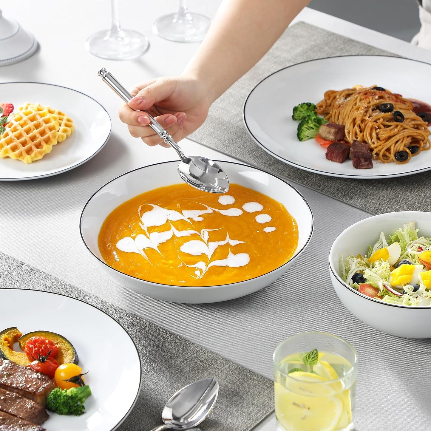 MALACASA 24-Piece Gourmet Porcelain Dinnerware Sets, Modern White with Black Rim Round Dish Set for 6 - Premium Serving Plates and Bowls Sets for Dessert, Salad, Soup, Pasta - Series AMELIA