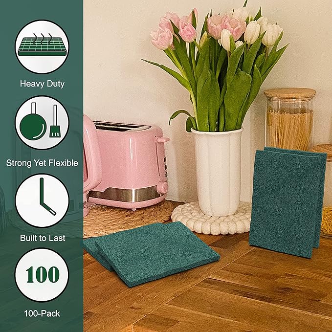 100 Pack Green Scouring Pads 3x4 Inch – Heavy Duty, Non Scratch Scrub Pads Bulk for Kitchen, Dishes, Pots, Pans, Grill & Household Cleaning – Reusable Multipurpose Scrubber Pads