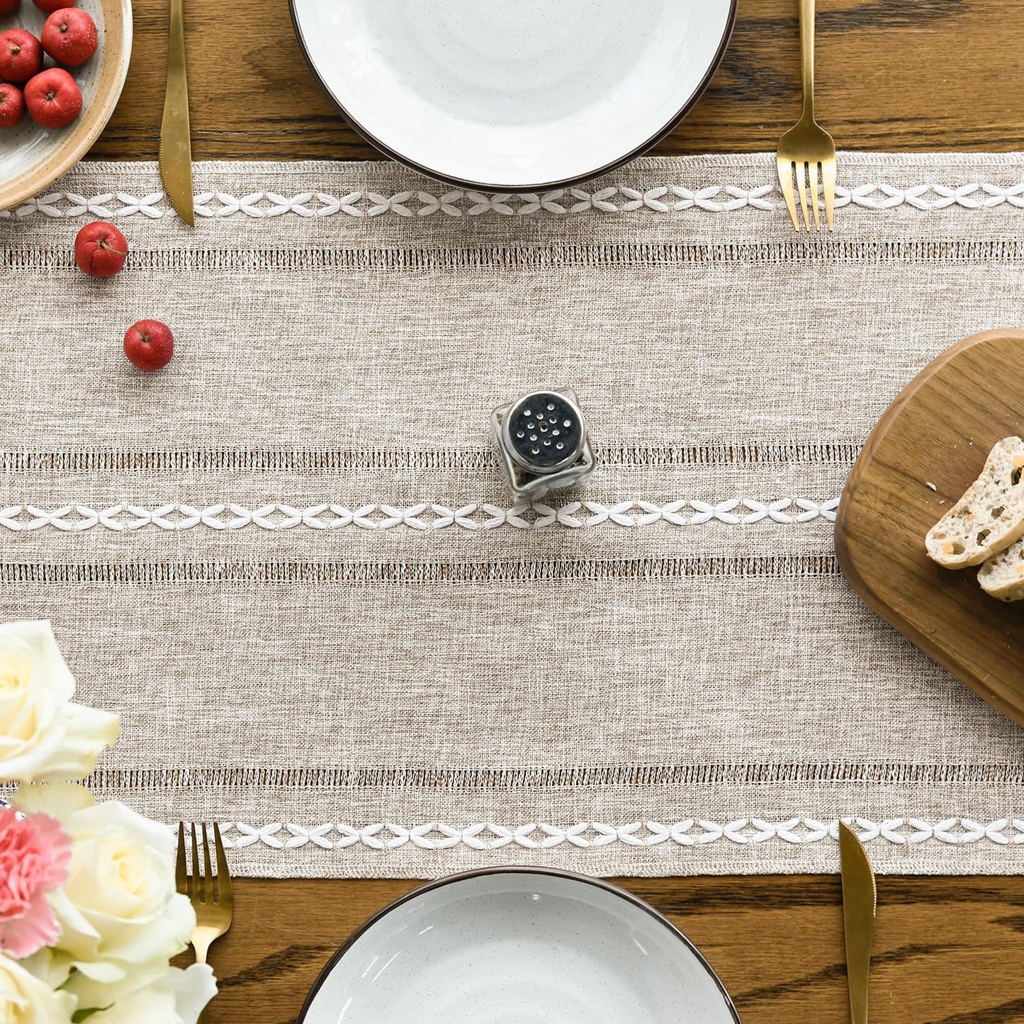 Artoid Mode Brown Rustic Cotton Linen Table Runner, Seasonal Embroidered Hollow Kitchen Dining Table Decoration for Home Party Decor 13x72 Inch