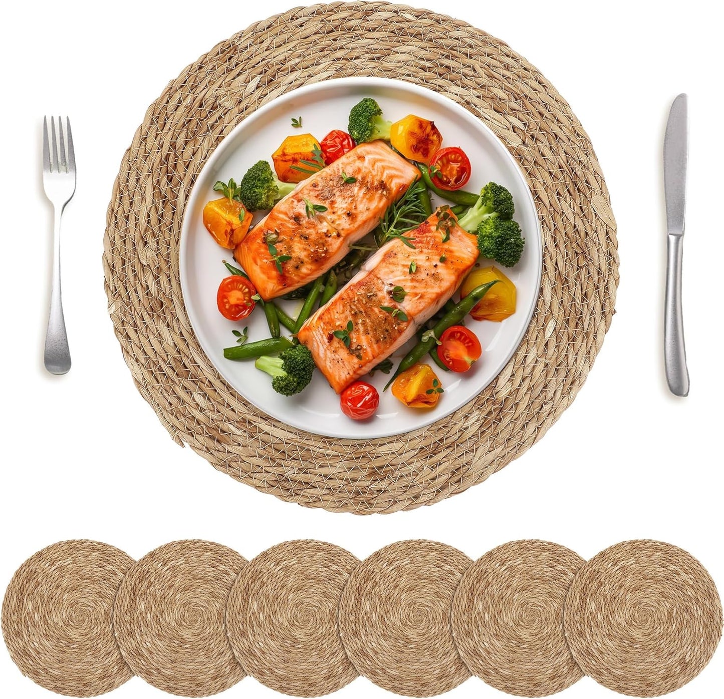 Set of 6 Round Woven Placemats 15 Inch Bulrush Placemats Natural Handwoven Boho Rattan Wicker Table Mats for Farmhouse & Home Dining