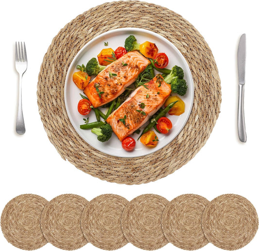 Set of 6 Round Woven Placemats 15 Inch Bulrush Placemats Natural Handwoven Boho Rattan Wicker Table Mats for Farmhouse & Home Dining