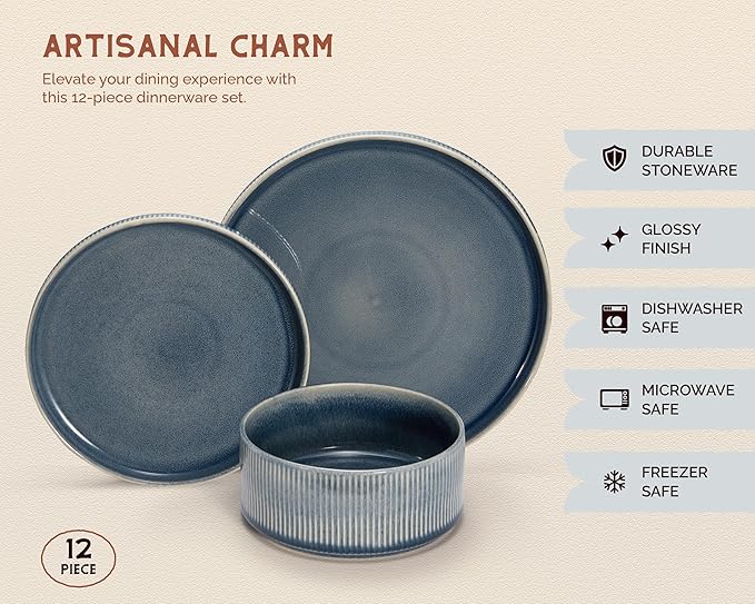 Ceramic Dinnerware Set, by Vase and Vessel, 12-Piece Service for 4, 9.8” Dinner Plates, 8” Salad Plates, 20 oz Bowls, Ombre Reactive Glaze, Durable Stoneware, Microwave & Dishwasher (Denim)