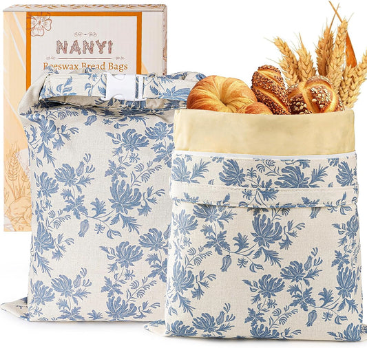 2-Pack Reusable Beeswax Bread Bags for Sourdough & Homemade Bread，Cotton Waxed Bags Keeps Fresh Longer(Navy Bloom)