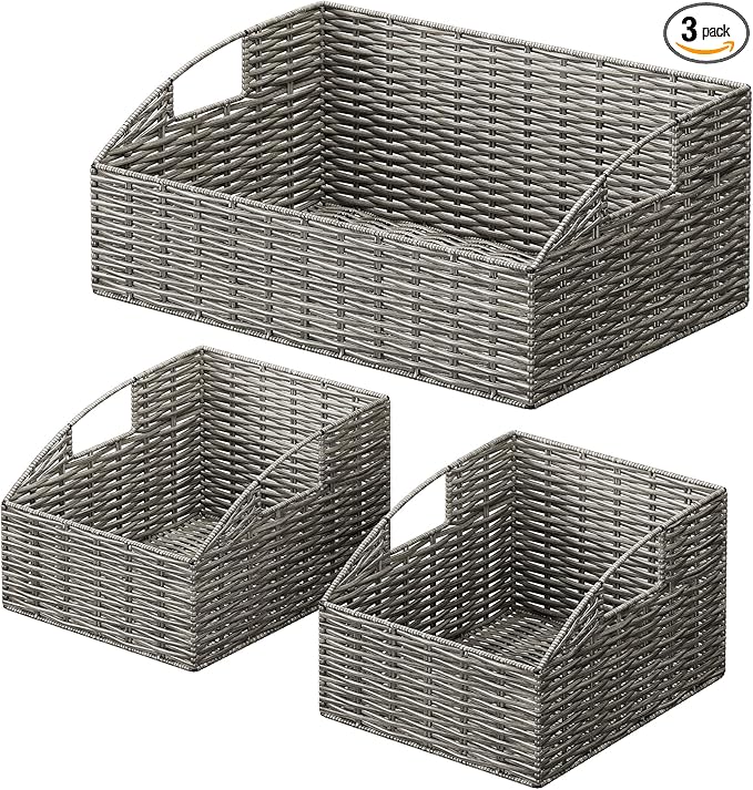 Ollieroo Rattan Storage Baskets, Handwoven Wicker Storage Bins with Built-in Handles, Storage Container Baskets for Shelves, Bedroom, Bathroom, Laundry Room or Kitchen(Grey)