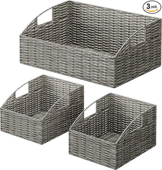 Ollieroo Rattan Storage Baskets, Handwoven Wicker Storage Bins with Built-in Handles, Storage Container Baskets for Shelves, Bedroom, Bathroom, Laundry Room or Kitchen(Grey)