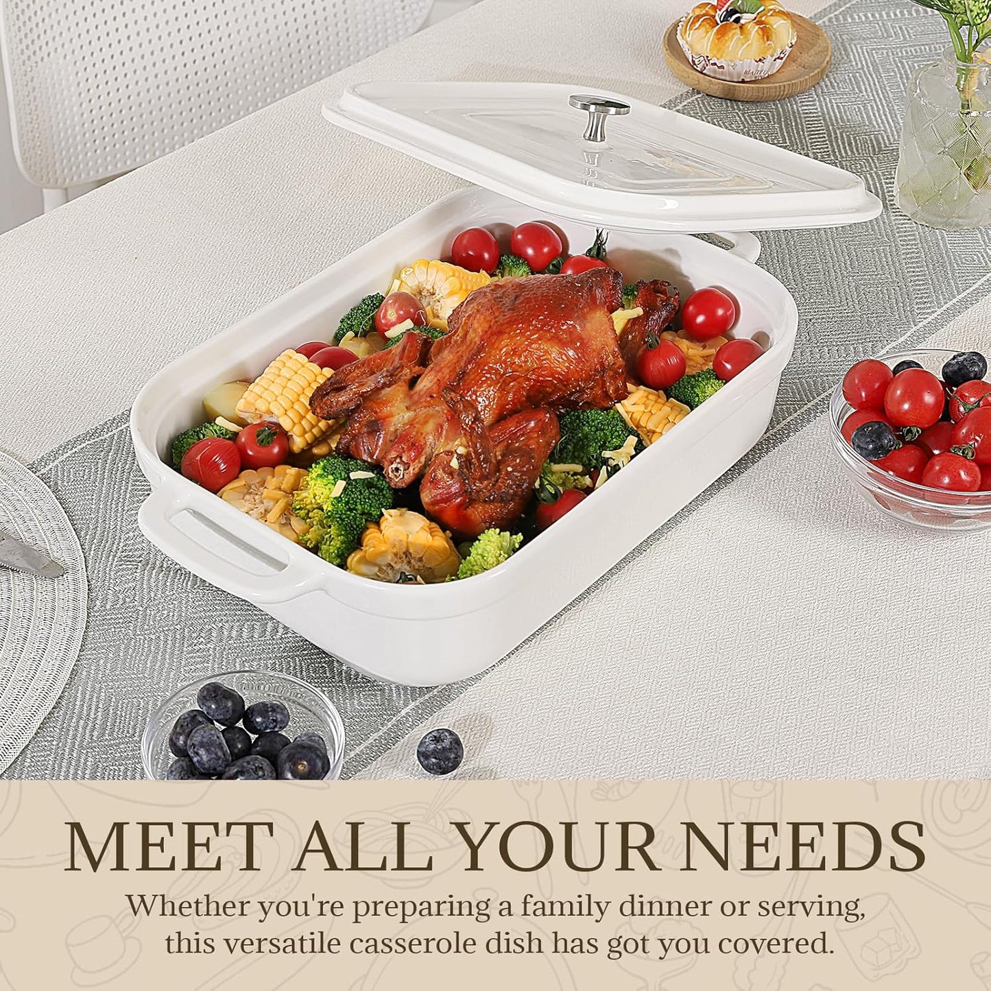 Casserole Dish,Large Baking Dish Cookware,Deep Lasagna Pan for Oven,Ceramic Bakeware for Baking, Easy to Clean (White, 5 Quart,With Lid)