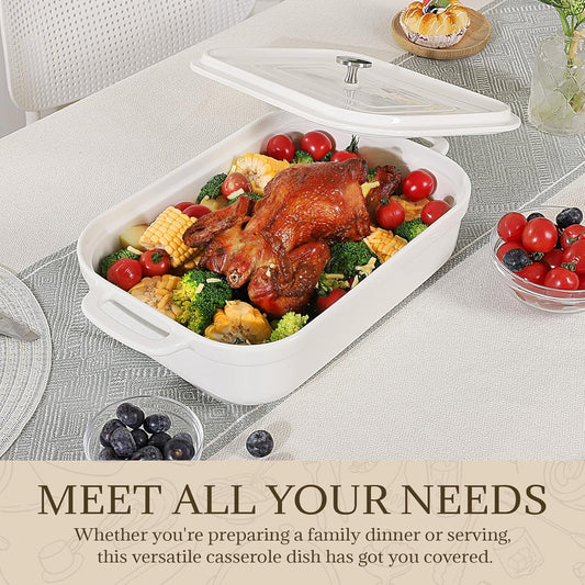 Casserole Dish,Large Baking Dish Cookware,Deep Lasagna Pan for Oven,Ceramic Bakeware for Baking, Easy to Clean (White, 5 Quart,With Lid)