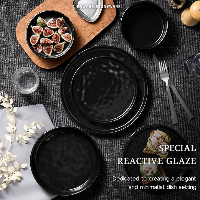HaWare Dinnerware Sets, 24-Piece Plates and Bowls Set, Stoneware Dish Set for 8, Ceramic Dinnerware for Home Restaurant, Chip and Scratch Resistant, Microwave and Dishwasher Safe, Matte Black
