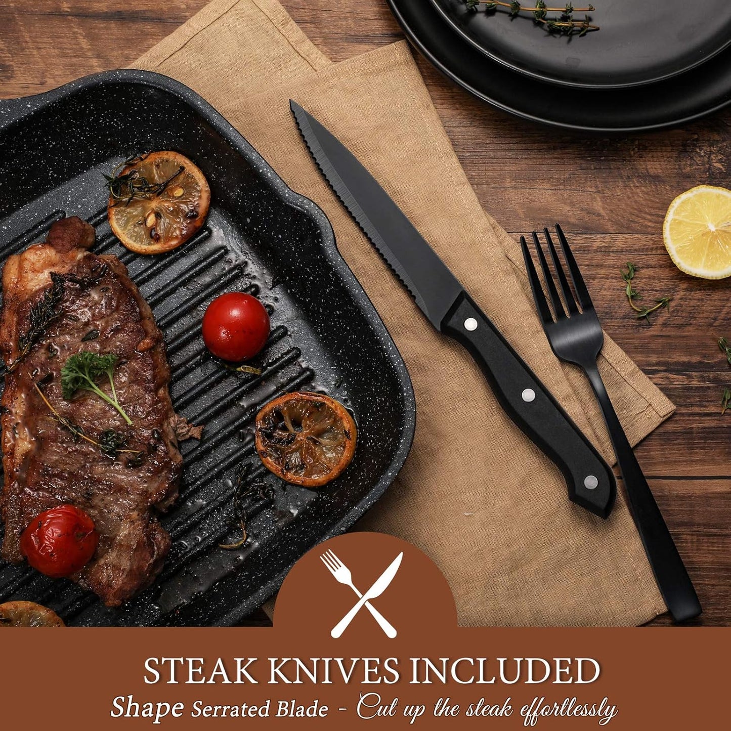 Hiware 24 Pieces Matte Black Silverware Set with Steak Knives for 4, Stainless Steel Flatware Utensils Set, Hand Wash Recommended