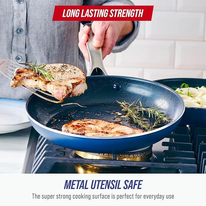 Blue Diamond 10" Nonstick Frying Pan Skillet, Diamond Infused PFAS & PTFE-Free Ceramic Pot, Dishwasher & Oven Safe, Stay Cool Handle, Durable Non Toxic Metal Utensil Safe, Egg & Omelet Pan, Blue