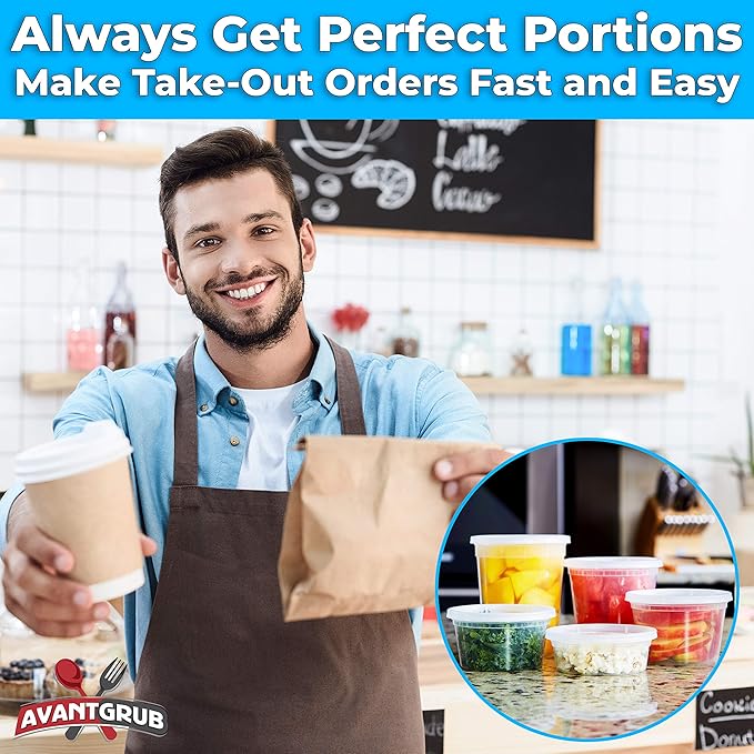 Deli-Grade BPA-Free 8oz Plastic Containers with Lids 48ct. Leakproof Microwavable Portion Container for To-Go Orders, Food Prep and Storage. Reusable Takeout Cups for Restaurant, Cafe and Catering.