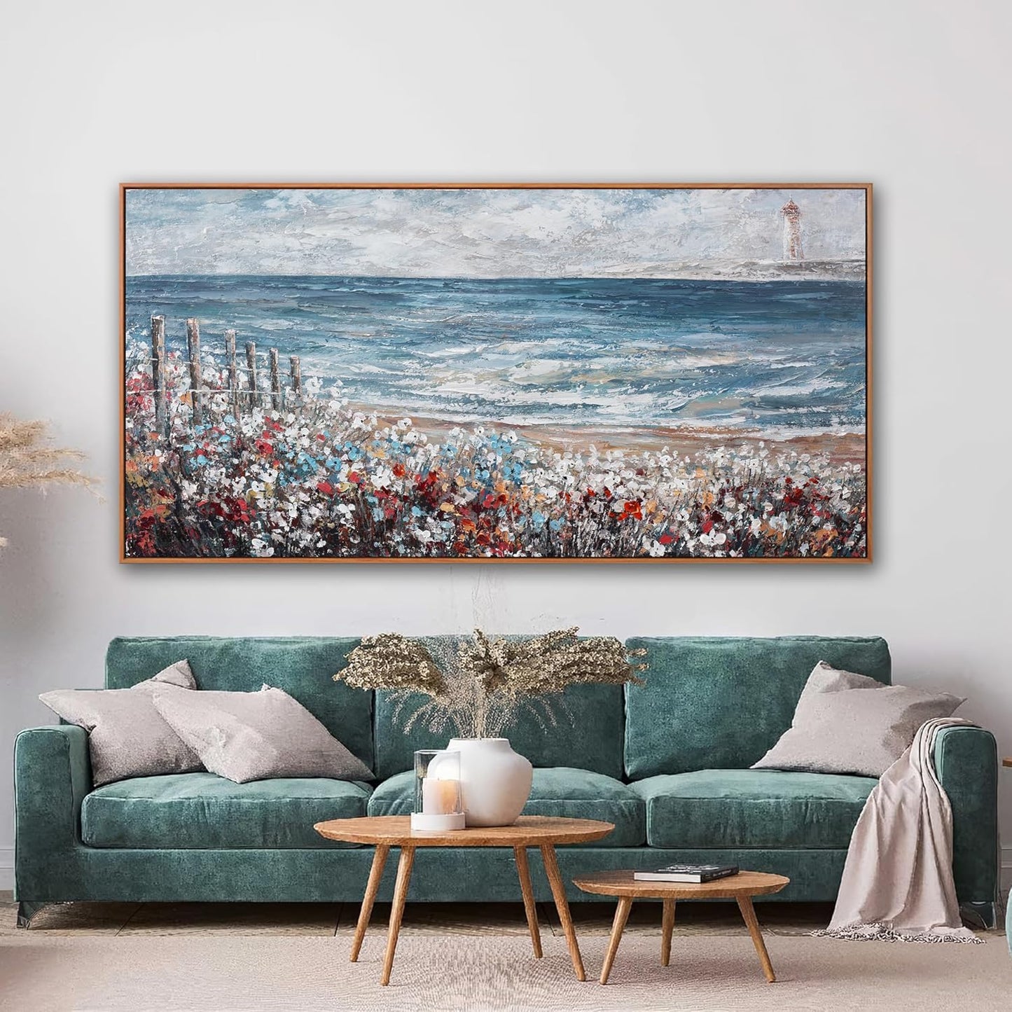 Large Wall Art Scene Decor Canvas Print Painting Picture Artwork Framed Blue Sea Colorful flowers Landscape For Living Room Bedroom Living Room And Office Wall Decor 29 x 58 Inch