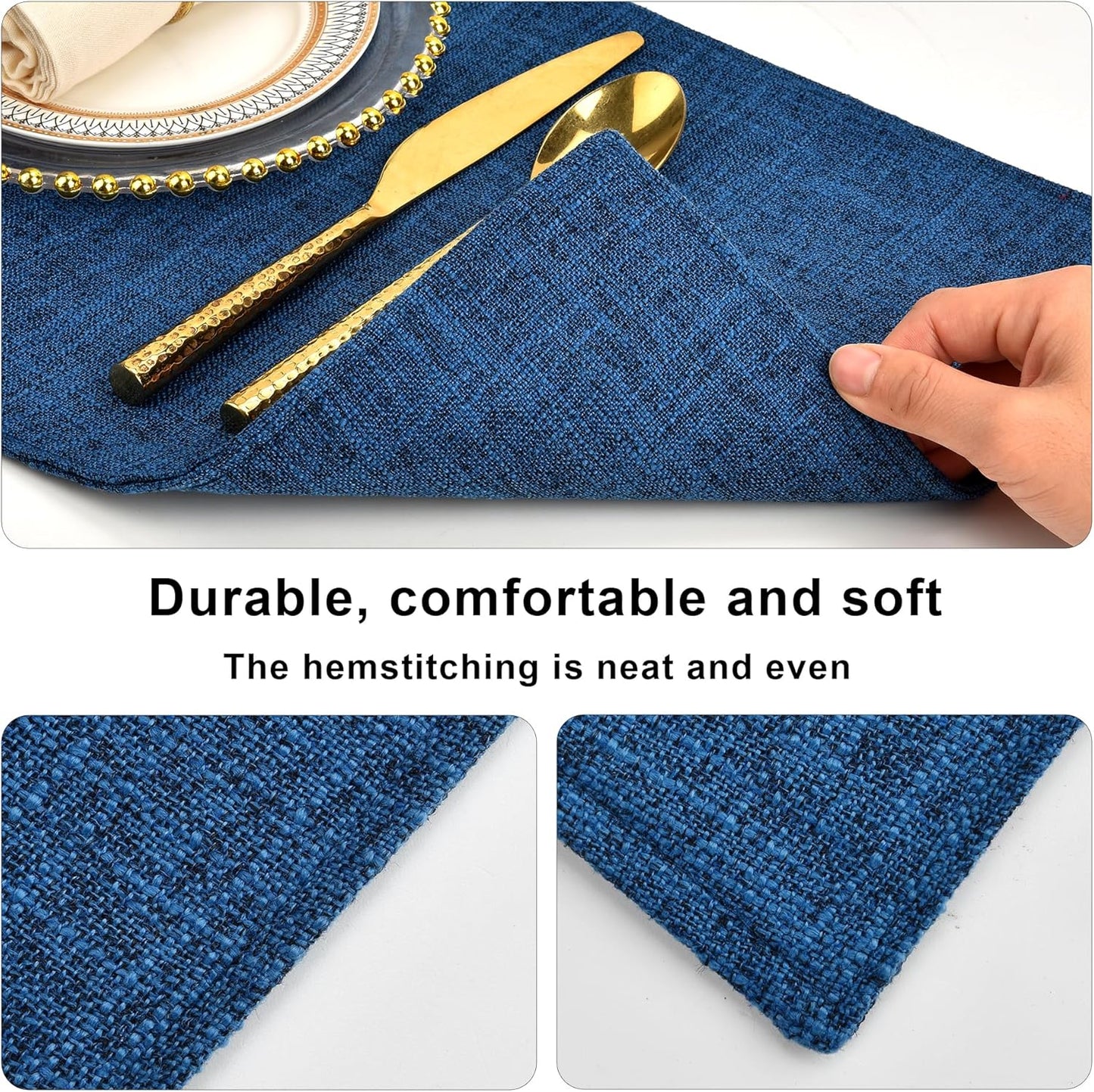 SLKQG Navy Linen-Look Fabric Placemats Set of 8, Heat Resistant & Machine Washable Double-Layered Cloth Placemats for Dining Table, Indoor/Outdoor Use, Non-Slip Kitchen Table Mats (8, Navy)