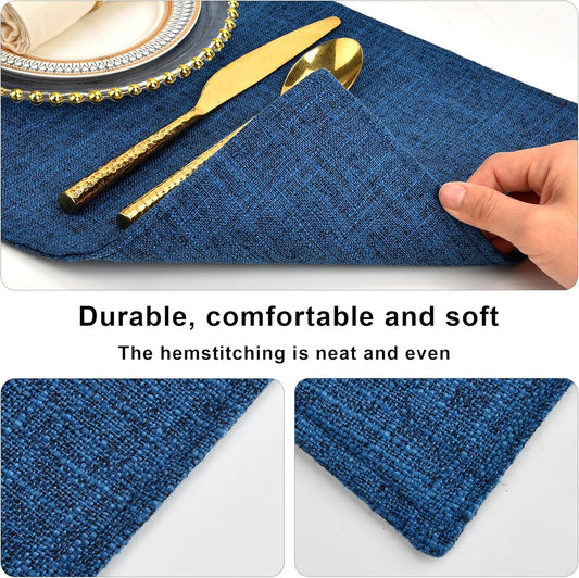 SLKQG Navy Linen-Look Fabric Placemats Set of 8, Heat Resistant & Machine Washable Double-Layered Cloth Placemats for Dining Table, Indoor/Outdoor Use, Non-Slip Kitchen Table Mats (8, Navy)