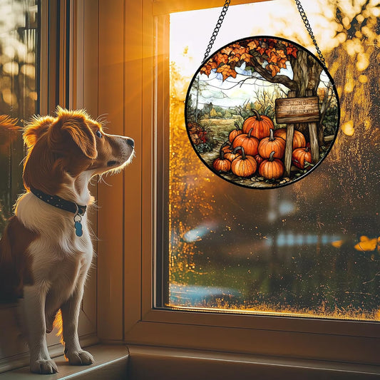 Stained Glass Window Hanging Fall Farm Scenery Maple Trees Pumpkin 6.3" - Suncatcher Door Garden Kitchen Sun Catcher Autumn Decor Birthday for Mom Nana Men Woman Friend
