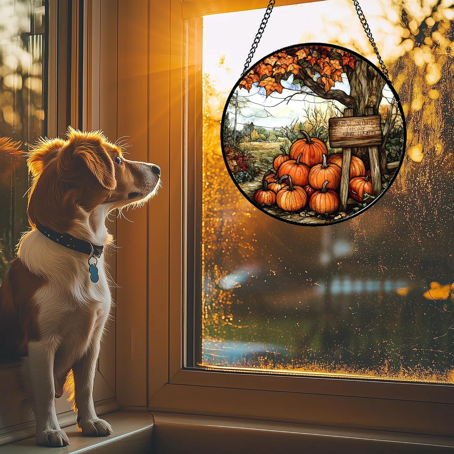 Stained Glass Window Hanging Fall Farm Scenery Maple Trees Pumpkin Large 11.8" - Suncatcher Door Garden Kitchen Sun Catcher Autumn Decor Birthday for Mom Nana Men Woman Friend