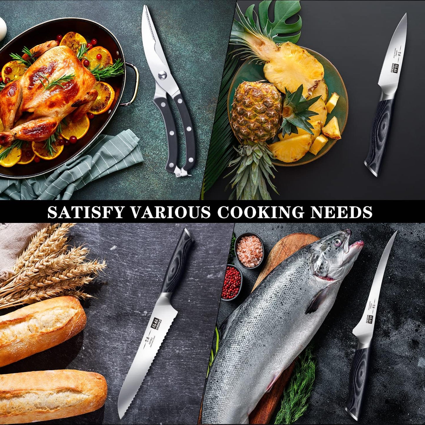 SHAN ZU Knife Sets for Kitchen with Block, Knife Block Set, Japanese Super Steel Kitchen Knife Sets with Removable Block & K133 Ergonomic Handle, Black Tortoise Genbu Series