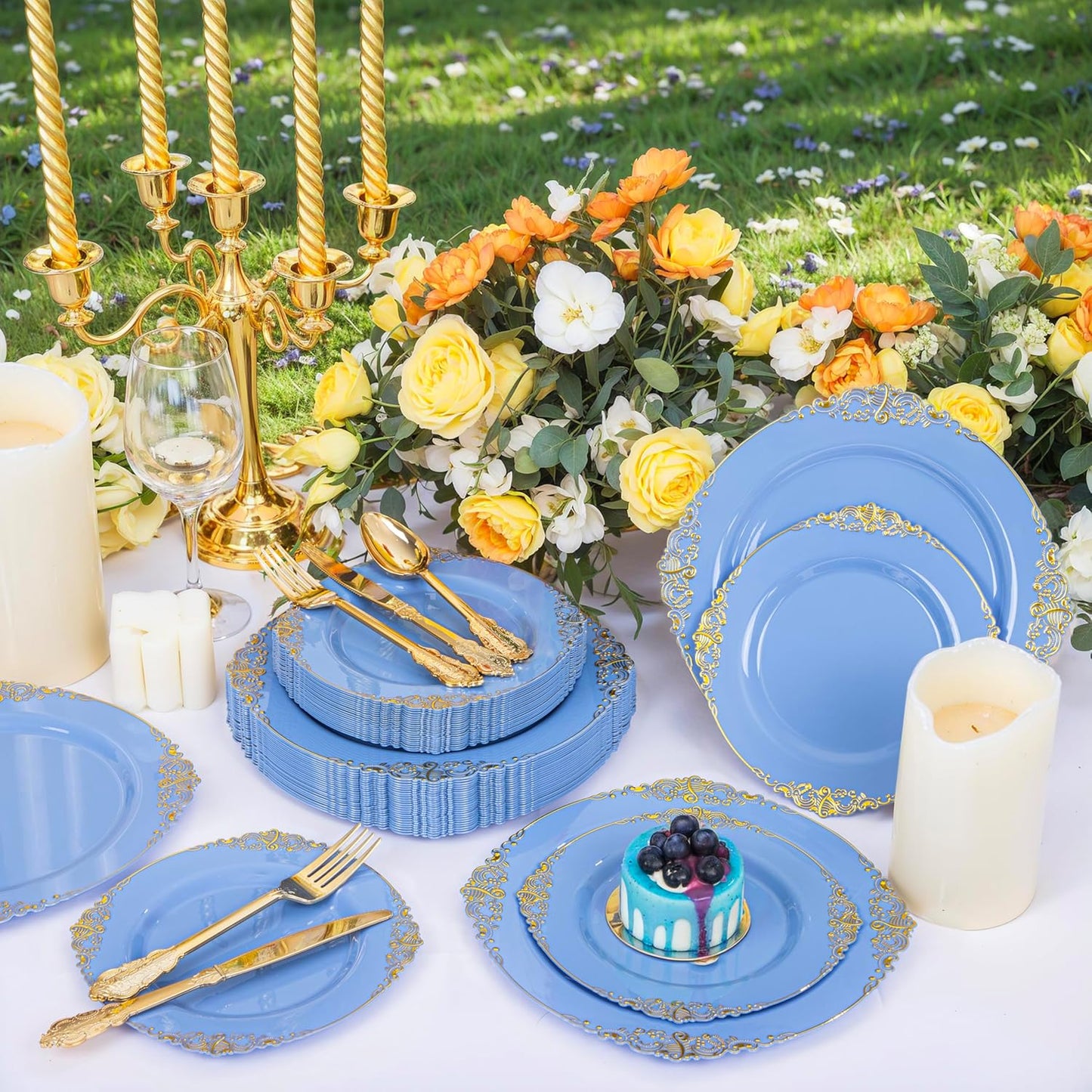 125PCS Blue and Gold Plastic Plates - Airy Blue Disposable Plate - Gorgeous Plates with Gold Plastic Silverware Sets for 25 Guests for Party & Wedding & Spring