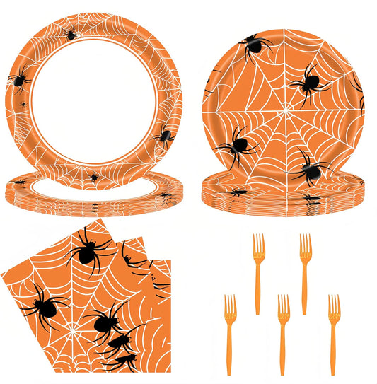 DTDO 96Pcs Halloween Spider Web Tableware Set Include Plates and Napkins Forks Birthday Party Decorations Disposable Dinnerware Set for Halloween Birthday Party Serves 24