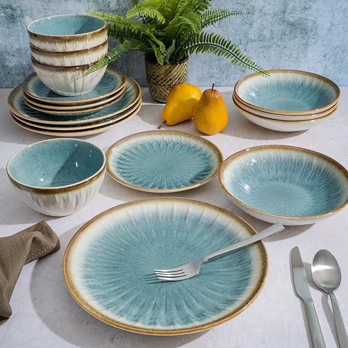 Gibson Elite Mayfair Bay 16-Piece Embossed Double Bowl Dinnerware Set, Service for 4 – Blue Stoneware Plates and Bowls