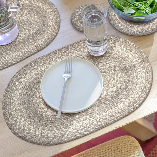 Homespice Grey Cloud Jute Braided Oval Placemats, Warm Farmhouse Decor, Set of 6, 13x19 Grey Table Mats - Vibrant Colors, Durable, Easy to Clean and Protects Furniture