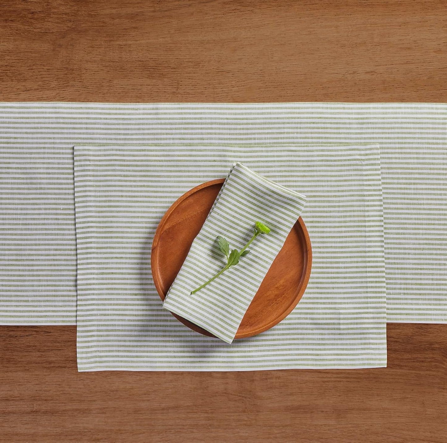 Solino Home Linen Table Runner 132 Inches Long - Narrow Stripe, 100% Pure Linen Avocado and White Farmhouse Table Runner 14 x 132 Inch for Dining, Fall, Autumn, Thanksgiving